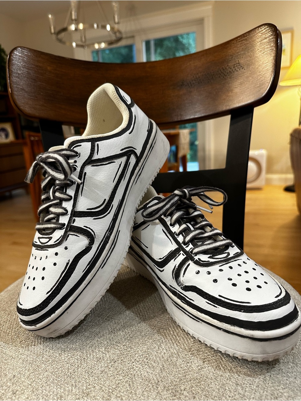 Hand-Painted Men's White and Black Low-Top Sneakers (Size 10)
